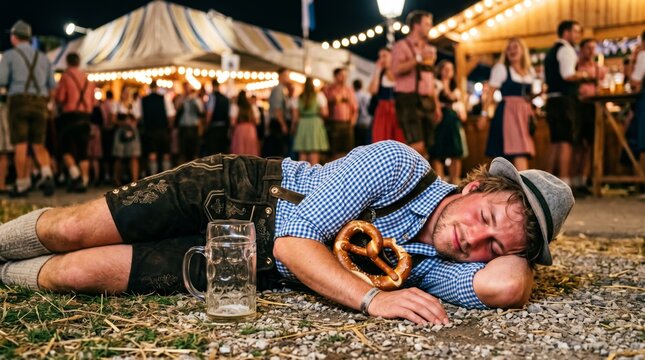 Tired Oktoberfest visitor in traditional Bavarian clothing sleeps beside an empty beer mug and pretzel