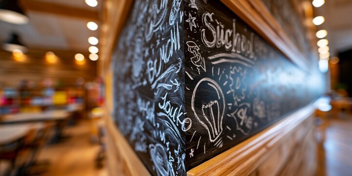 Close-up of a chalkboard menu in a cozy caf&Atilde;&copy;, featuring hand-drawn illustrations and text like 'Suchen' and 'Brunch', with warm ambient lighting and wooden interior.