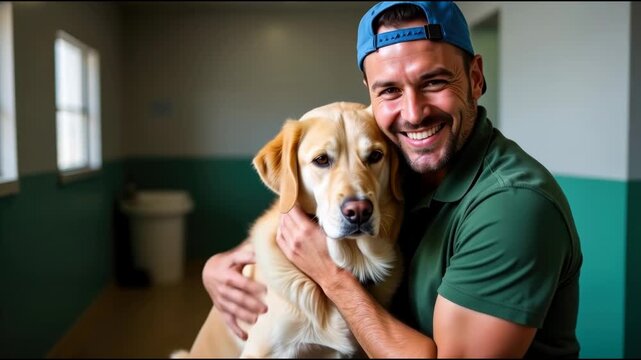 A man sitting on a couch or chair holding a dog in a room with a calm atmosphere