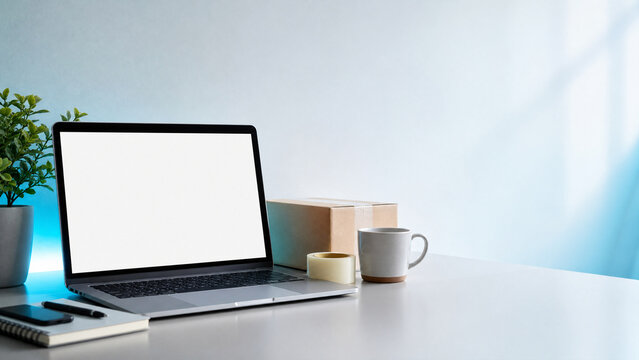 Minimalist laptop mockup on white desk, modern workspace with blank screen, home office setup with coffee and parcel