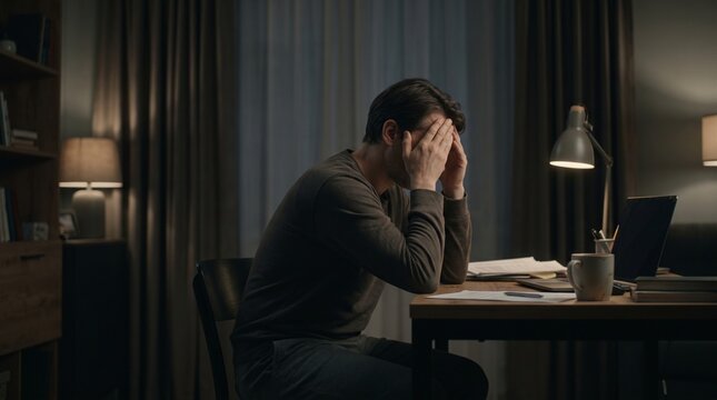 Horizontal photo of a tired man sitting at a desk in a dark room holding his head with both hands due to overwork