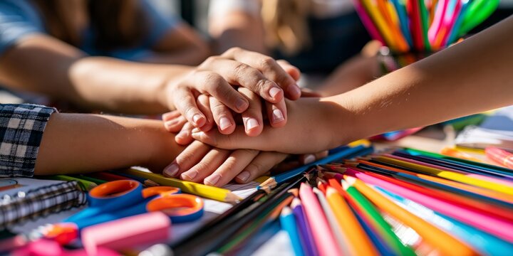 Children's hands stacked together in unity, surrounded by colorful art supplies like pencils and scissors, symbolizing teamwork and creativity in a bright, cheerful setting.