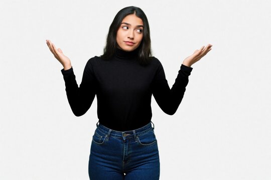 Young Latin American woman in black turtleneck, blue jeans stands against white background. Makes confused gesture with raised hands, puzzled facial expression. Posing with shrug, doubt, brunette