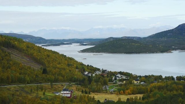 Houses and pasture on the shore below autumn birch slopes, near Bodo, Nordland, Norway