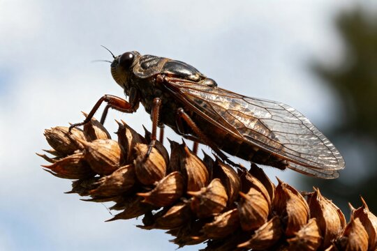 A cicada perched on a dried plant seed head against a blurred sky background