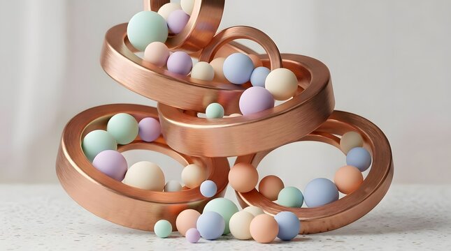 An ic arrangement of brushed copper rings and matte pastel spheres  stacked and intertwined in a visually balanced  geometric pattern