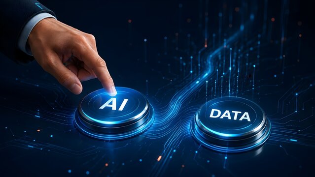Artificial intelligence activation concept hand pressing glowing AI button beside data icon on futuristic digital circuit background