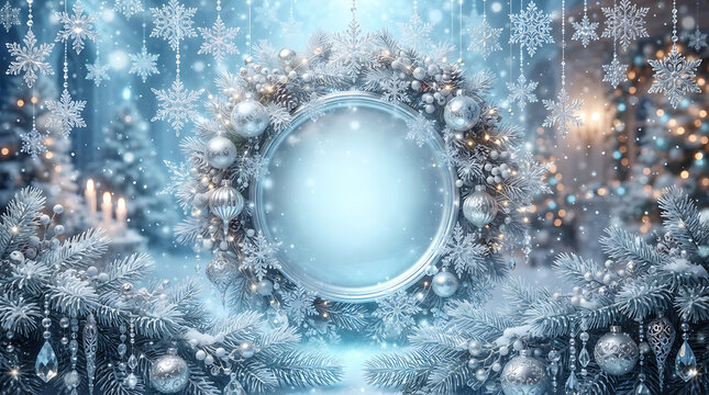 Frozen ice crystal wreath with glowing lights and falling snowflakes winter