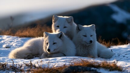 Obraz premium Three white foxes rest together on snowy ground with soft light highlighting their fur against a blurred natural background