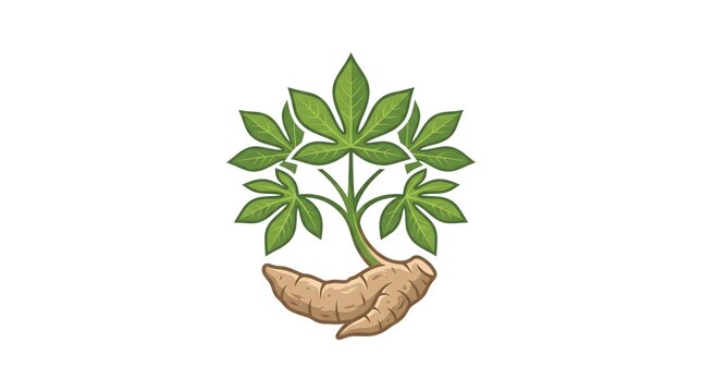 Vector illustration of a stylized cassava plant showing its green palmate leaves and edible tuberous root isolated on a white background.