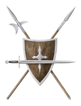 sword shield spear and poleaxe isolated on white