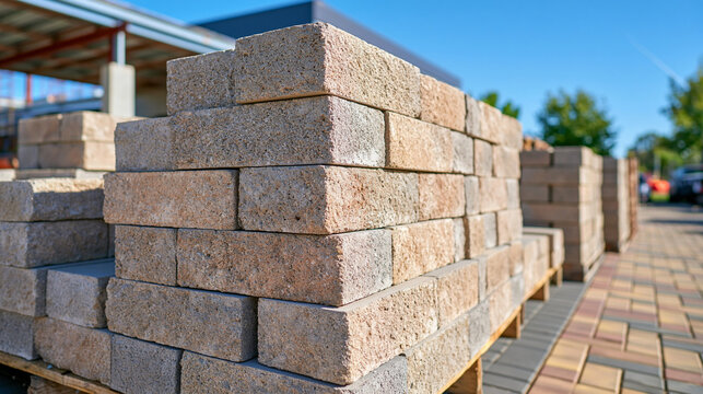 Large stacks of lightweight concrete blocks arranged outdoors at a construction materials yard, pale gray foam concrete blocks with porous surfaces and clean rectangular edges, clear blue sky overhe