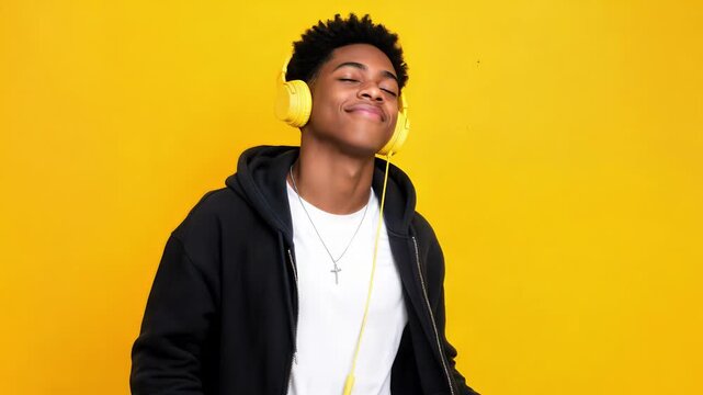 Cheerful African American teenager listening to music with yellow headphones. Happy young man enjoying audio on bright yellow background. Lockdown medium shot.