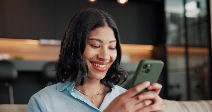 Laugh, happy and woman with phone on sofa for social media, connection and funny conversation. Relax, home and person on cellphone for internet, website and mobile app for chat, meme and online joke