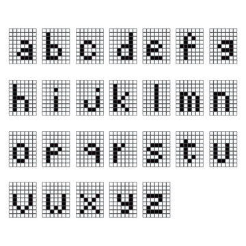 方眼紙に描かれたピクセルアートの小文字アルファベット