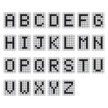 方眼紙に描かれたピクセルアートの大文字アルファベット