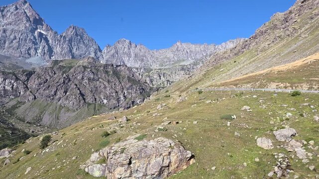 Serrated peaks along the pass road above the Po valley near Monviso, Pian del Re, Crissolo, Cuneo, Piedmont