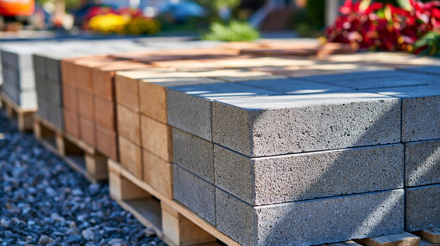 Top down view of assorted concrete masonry blocks arranged on pallets outdoors, aerated concrete, foam concrete, lightweight aggregate blocks and traditional dense concrete blocks grouped separately