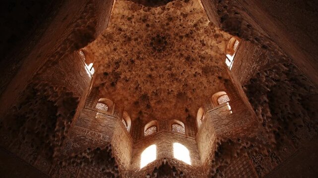 Muqarnas star vault ceiling of the Palace of the Lions in the Nasrid Palaces, Alhambra, Granada, Andalusia