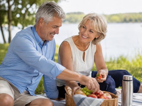 Gl&uuml;ckliches Seniorenpaar genie&szlig;t ein entspanntes Picknick am See mit frischem Obst und Brot. Gemeinsame Zeit, Natur und Genuss stehen f&uuml;r aktive Freizeit und Lebensqualit&auml;t.