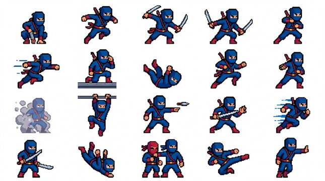 Ninjas Sprite Sheet with Various Action Poses, Including Running, Jumping, and Attacking with Swords and Shurikens. Pixel Art Game Asset Design.