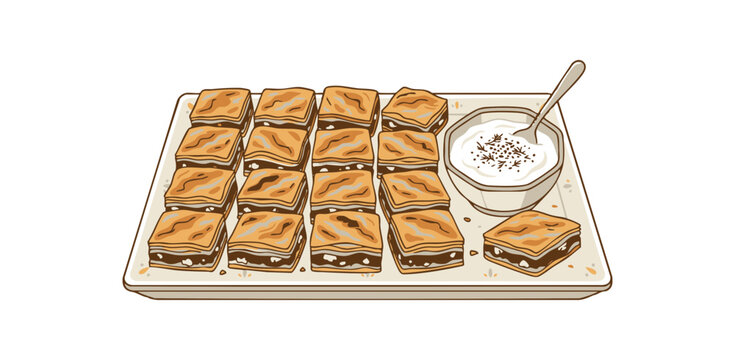 A delicious platter of traditional Middle Eastern baklava pastries served with a bowl of cream.