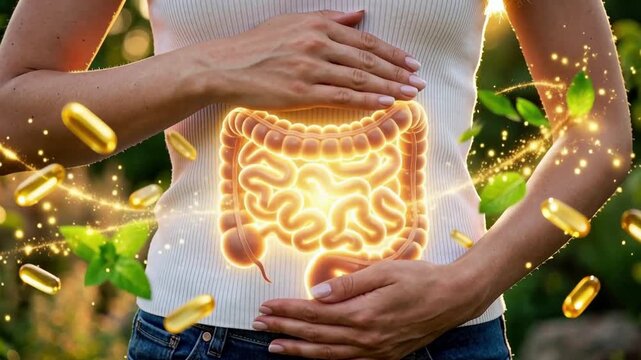 Woman Holding Glowing Golden Intestine Outdoors in Sunlight with Capsules Mint Leaves Gut Health Probiotic Natural Conversion Scene