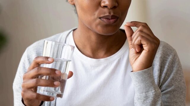 Smiling Happy Woman Taking Vitamin Pill with Glass of Water Daily Health Supplement Wellness Routine Conversion Scene