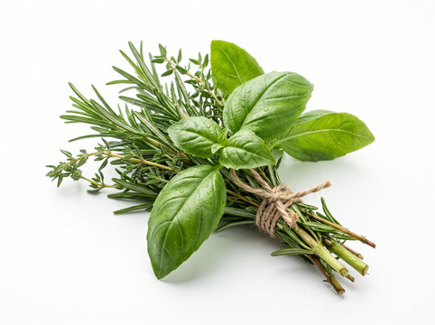 Bunch of fresh organic green basil leaves tied with string isolated on white.