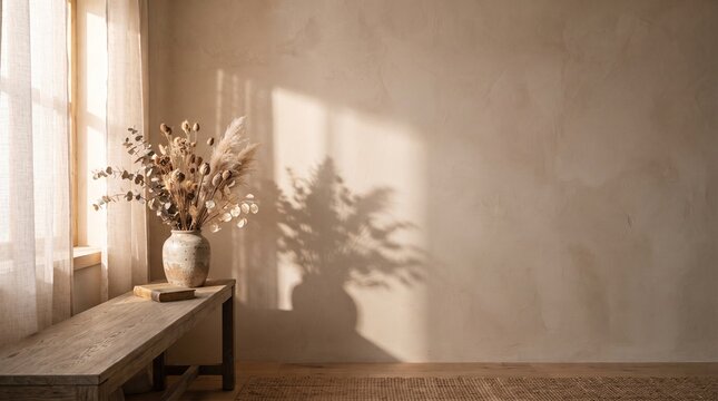 Small plant vase on table with arched window shadow on beige wall background