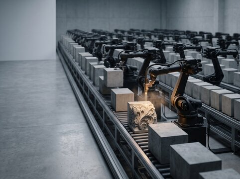 Robotic arms carving intricate stone blocks in automated factory.
