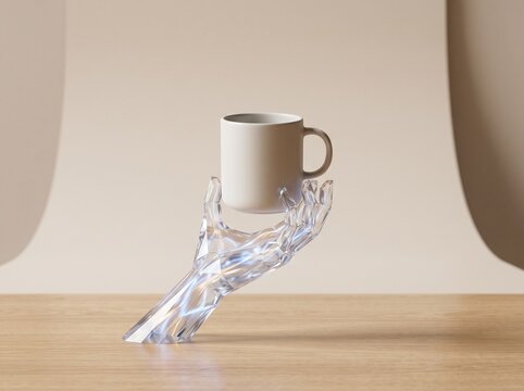 White ceramic mug held by a transparent hand on wooden surface.