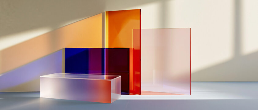 Geometric arrangement of colorful translucent acrylic panels in orange, red, purple, and clear on a light surface with soft shadows and natural light