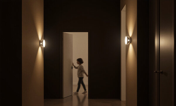 Nightlight sensor hallway child walking through a dark corridor with voice activated lights glowing softly at night