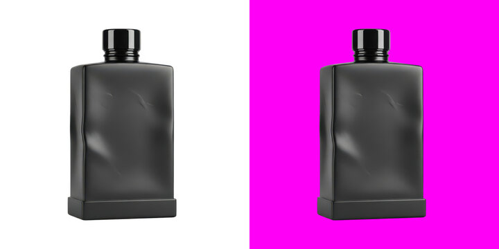 Black matte square perfume bottles on white and vibrant magenta split screen display transparent png