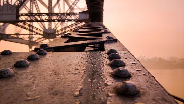 Extreme Close Up Howrah Bridge Steel Texture Foggy Morning Dawn Light Industrial Photography Background