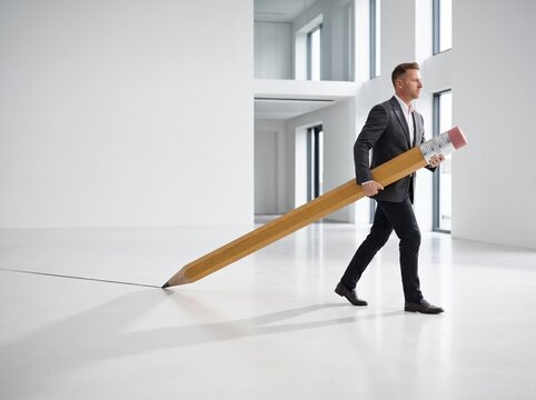 Businessman pulling a giant pencil to draw a line in white office.