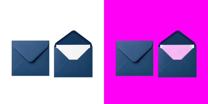 Closed and Open Dark Blue Paper Envelopes with Blank Stationery Cards transparent png
