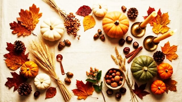 Autumn flat lay background with pumpkins, leaves and candles. Cozy autumn white and orange pumpkins, fall leaves, candles, nuts and weat ears on a white fabric.