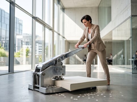 Businesswoman using giant hole puncher in modern office.