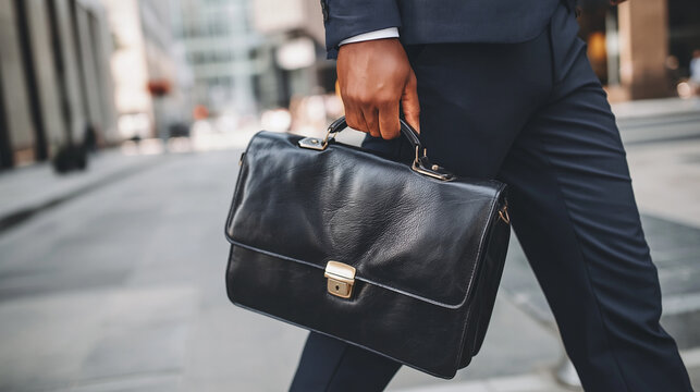 Businessman walking on urban street with briefcase in hand representing professionalism and success in city life