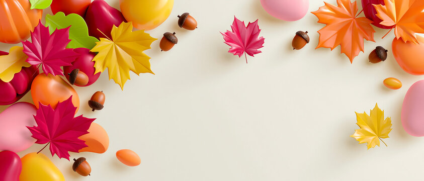 Colorful autumn leaves and decorative eggs arranged on a light background, featuring acorns and a vibrant seasonal theme for fall celebrations