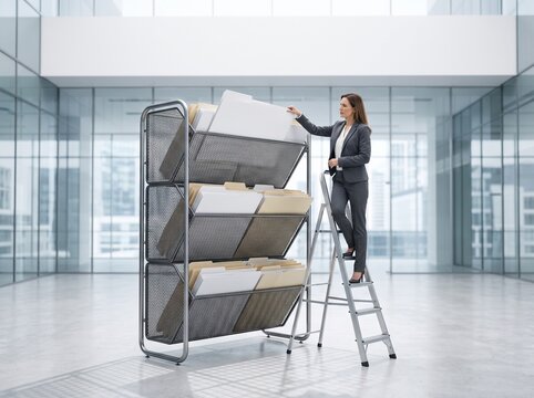 Businesswoman on ladder organizing large file folders in office.