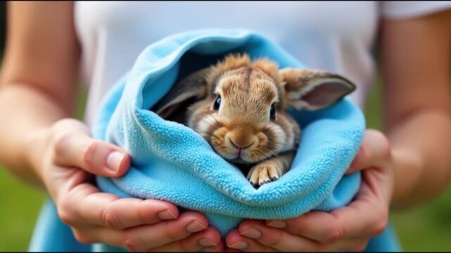 A person holds a small rabbit wrapped in a blanket, a warm and cozy scene