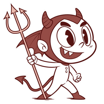 Cute cartoon little devil with horns and pitchfork
