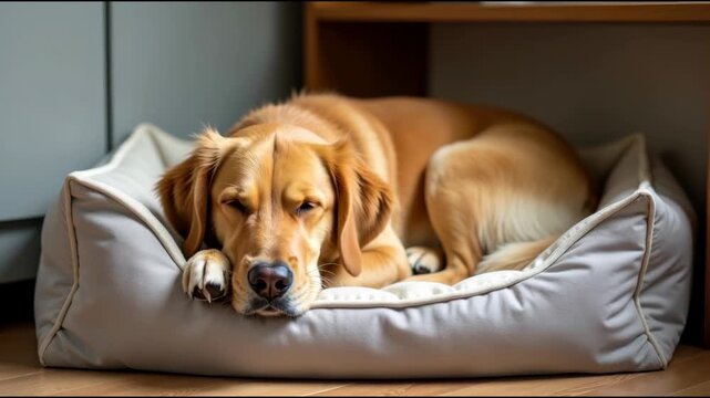 A brown dog resting on a dog bed