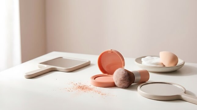 Makeup powder compact with a soft cosmetic brush and handheld mirrors on a bright desk for beauty. beginner makeup tips