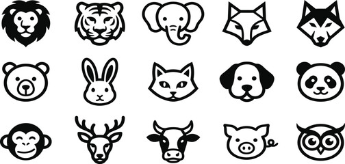 Obraz premium Set of fifteen simple black and white line art animal face icons for design projects and illustrations