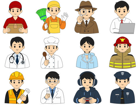 Set of 12 various profession character illustrations including police firefighter doctor chef