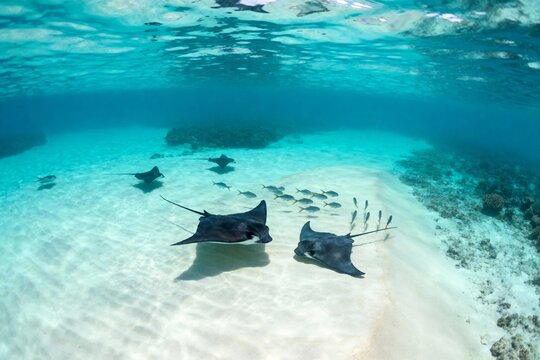 Stingrays swimming over sandy seabed in clear turquoise water